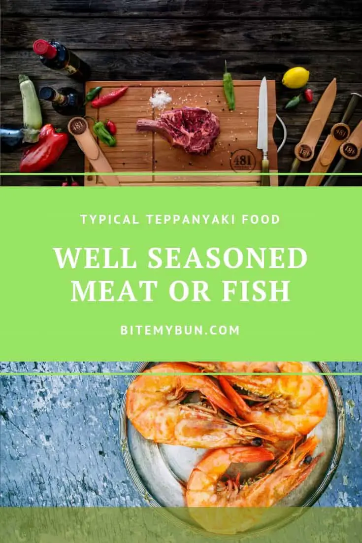 Alimentos típicos de teppanyaki temperados com carne ou peixe