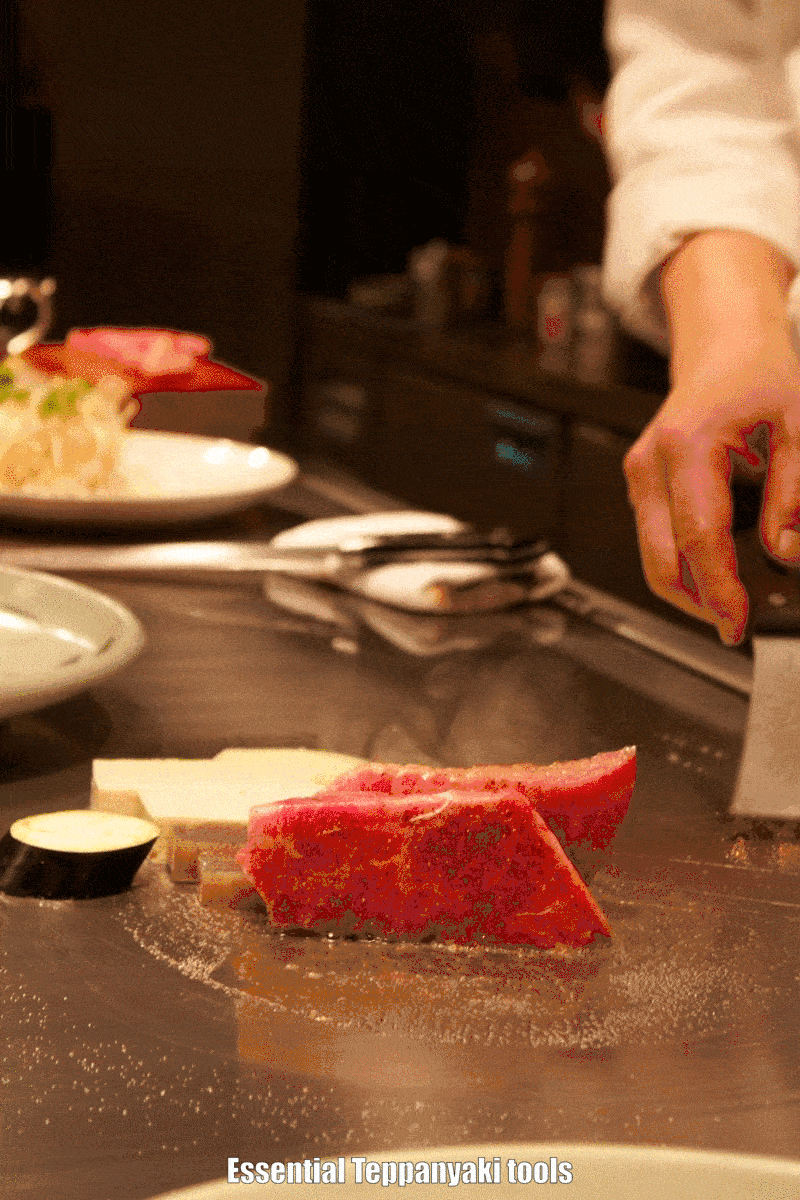 The grill turner and a sharp knife are the essential tools of Teppanyaki grilling