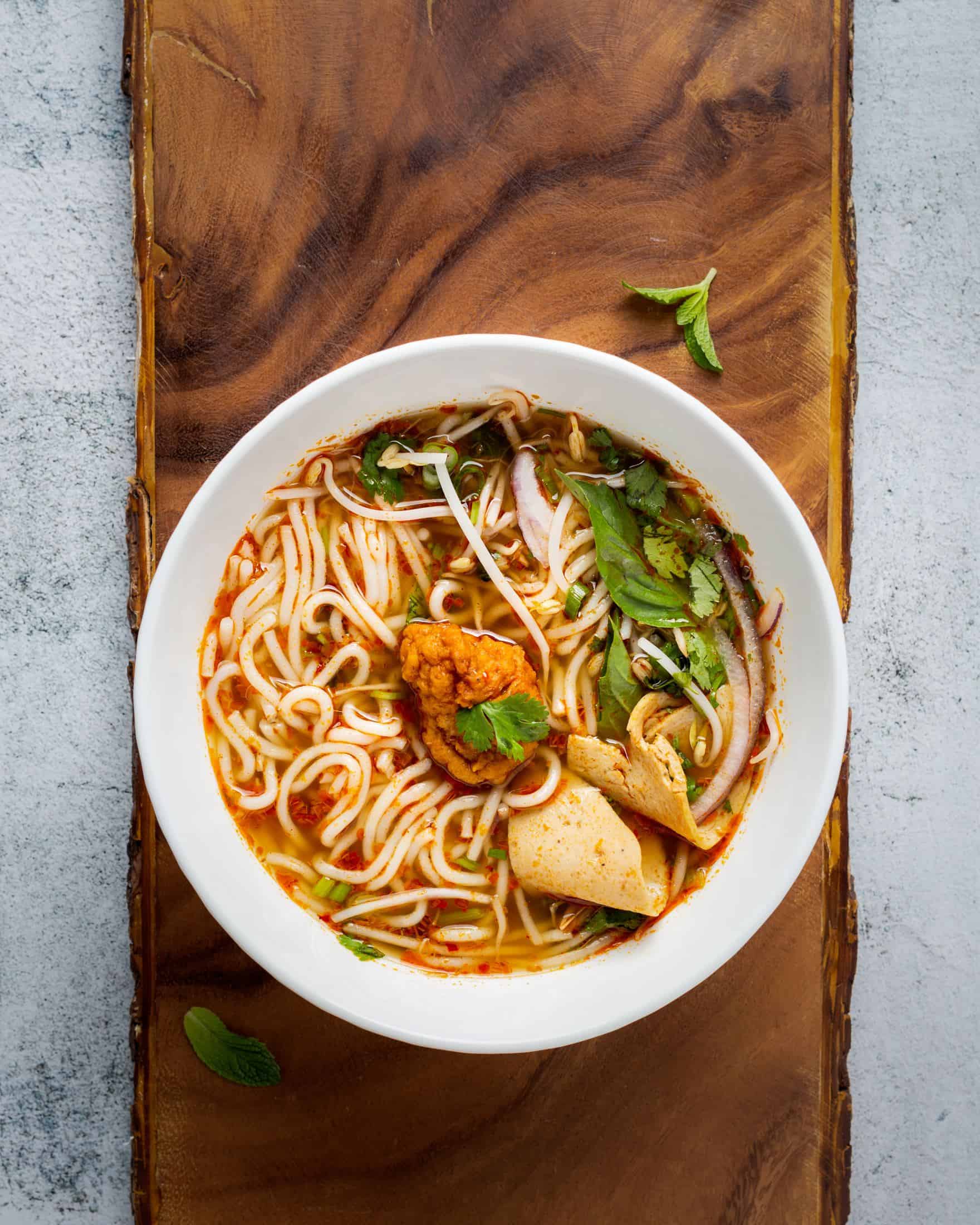 noodle dish on white ceramic bowl