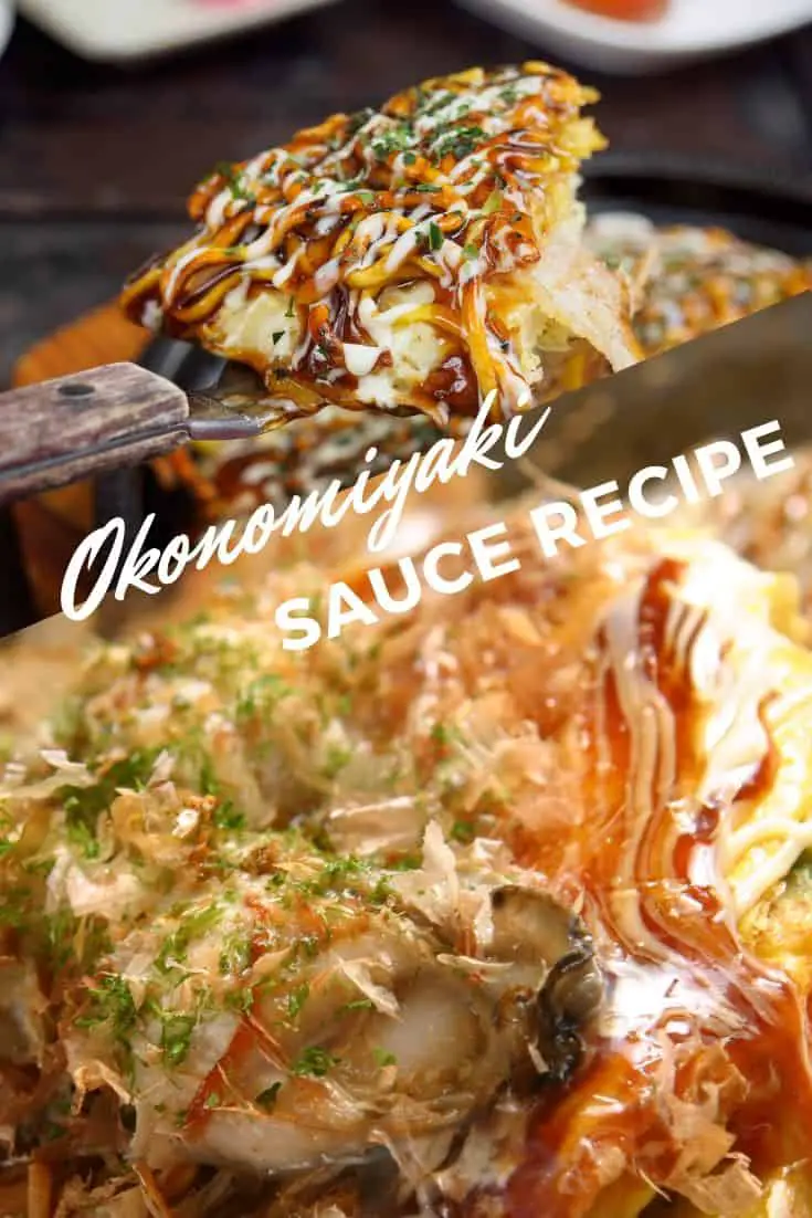 Okonomiyaki wordt opgeschept en close-up van saus