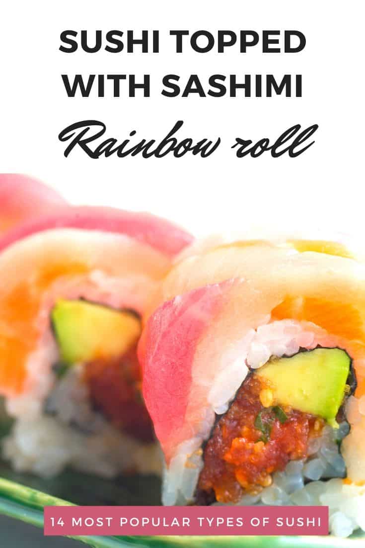 Closeup ຂອງຕ່ອນນ້ອຍຂອງ sushi ມ້ວນ rainbow