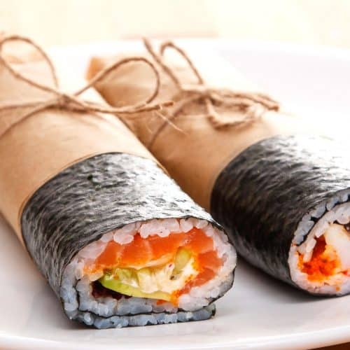 Healthy salmon sushi burrito