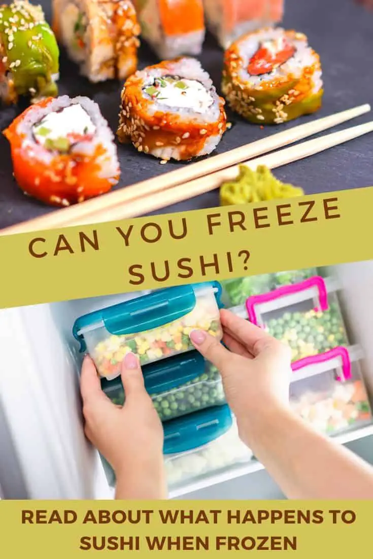 Plato de sushi y mujer colocando recipiente en el congelador