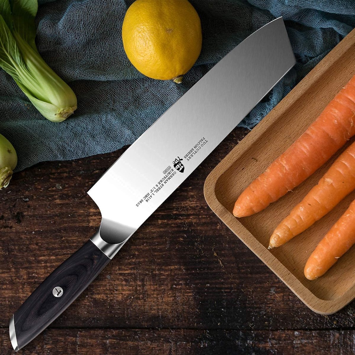 Best budget Japanese kiritsuke knife- TUO 8.5 Falcon Series on cutting board