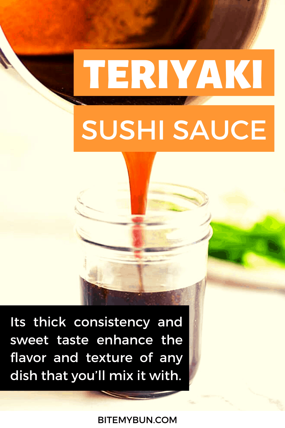 Saws swshi Teriyaki cartref yn diferu mewn jar Gwydr