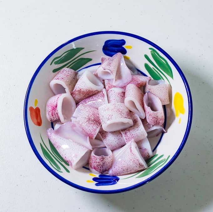 Cut squid in a small bowl