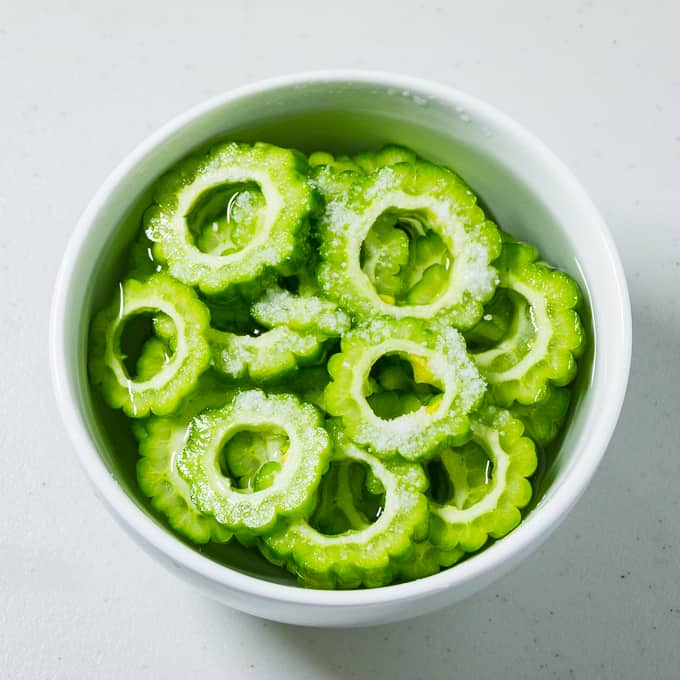 Finely sliced ampalaya with salt