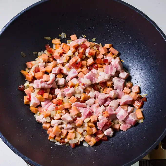 Pork and vegetables in a wok