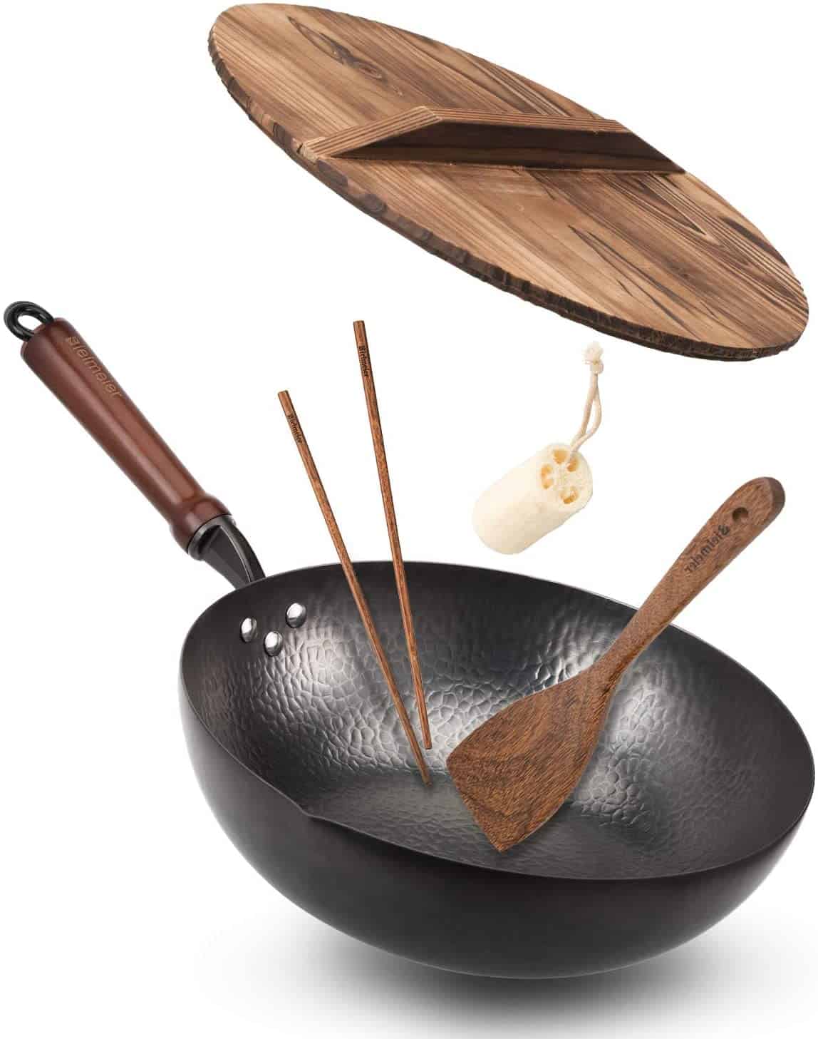 Handgehämmerte Wok-Pfanne mit Helfer Griff aus Holz und Stahl Rundboden Chinesische Woks und Pfannen Couner Traditioneller Wok aus Kohlenstoffstahl
