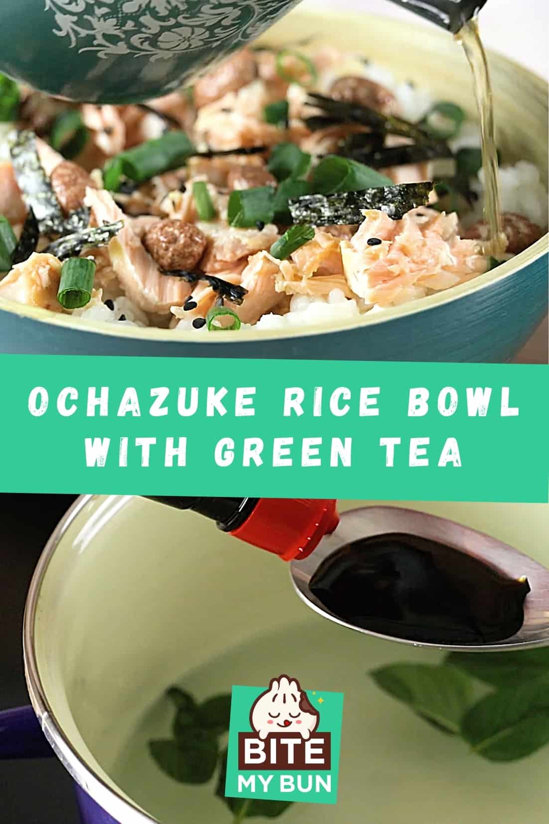 Ochazuke淹沒綠茶飯碗