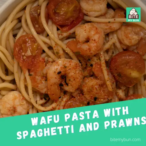 Wafu pasta recipe with spaghetti and prawns- PERFECT umami mix recipe card