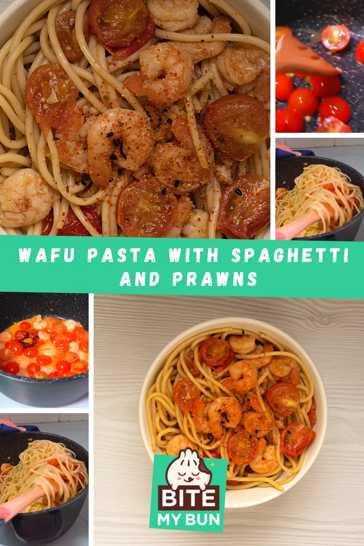 Recette de pâtes Wafu avec des spaghettis et des crevettes - Broche de recette de mélange umami PARFAIT