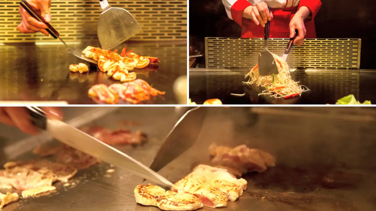 3 imagens de ferramentas teppanyaki, incluindo espátulas e facas