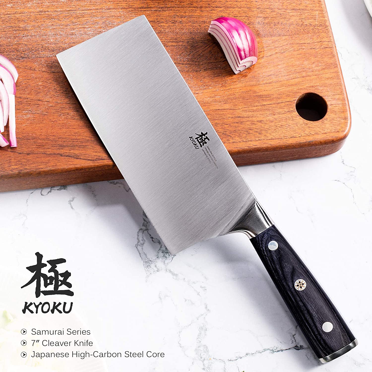 Best Japanese knife cleaver- KYOKU Samurai Series 7 on cutting board