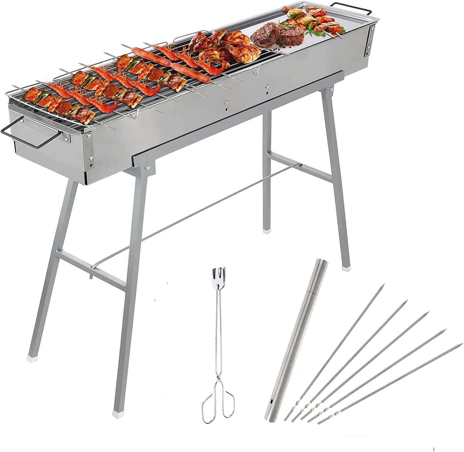 IRONWALLS Portable Charcoal BBQ Grills, L 32” x W 8” x H 31” Stainless Steel Folding Yakitori Grill with 25PCS 15” Kebab Skewers for Backyard Barbecue