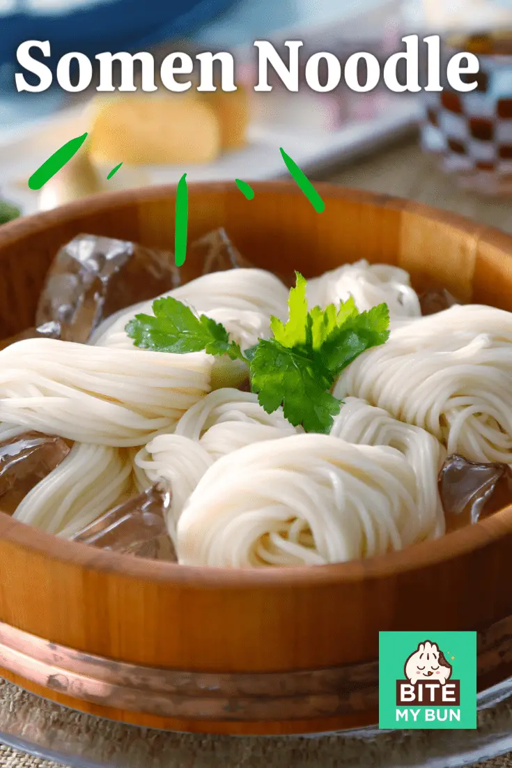 somen noodles and ice in a wooden bucket