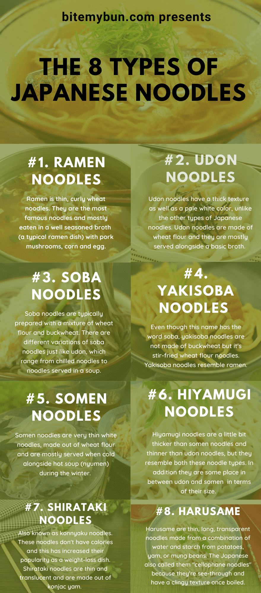 8 different types of Japanese noodles