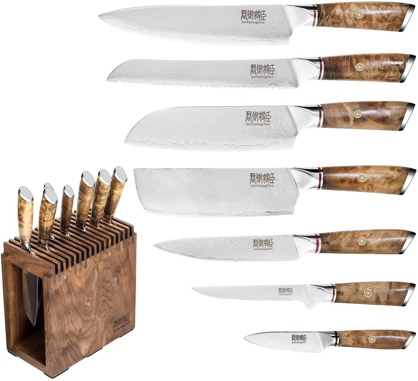 El mejor juego de cuchillos de acero VG-10- Juego de cuchillos de chef de 8 piezas JUNYUJIANGCHEN todos los cuchillos