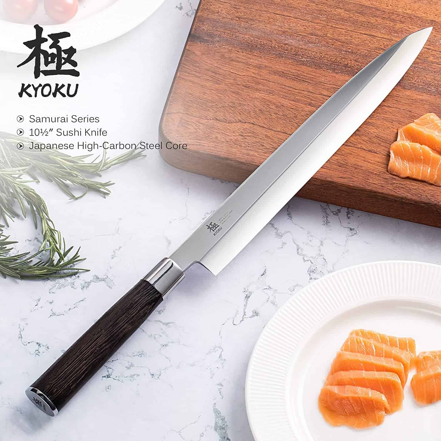 El mejor cuchillo yanagiba económico: KYOKU Samurai Series 10.5 en la mesa