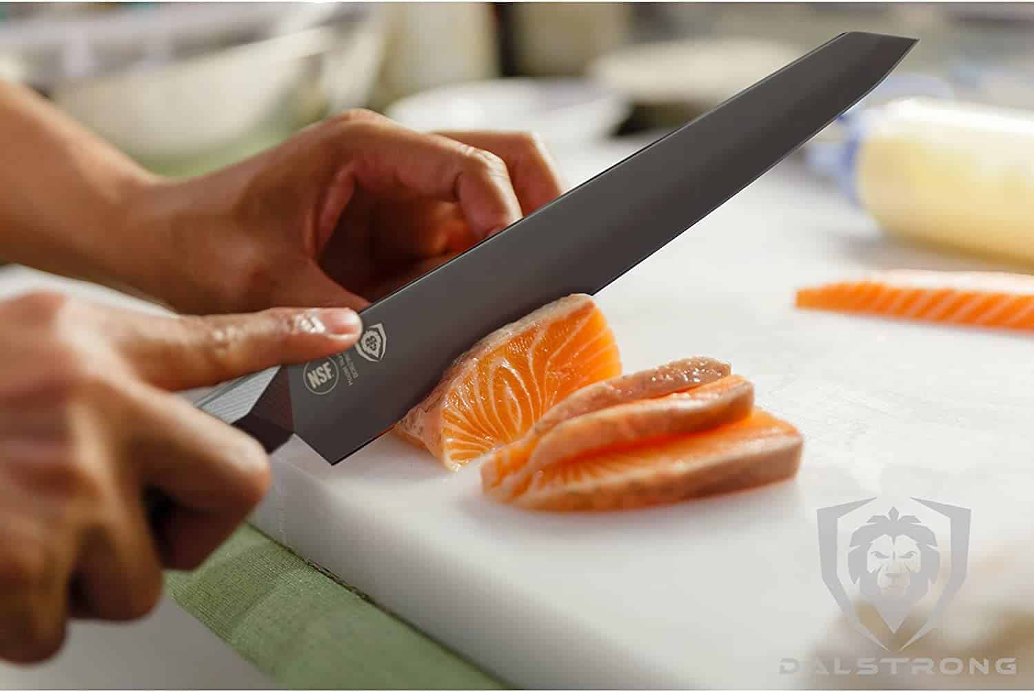 Best double-bevel yanagiba knife- DALSTRONG Shadow Black Series Sushi Knife 10.5 on table