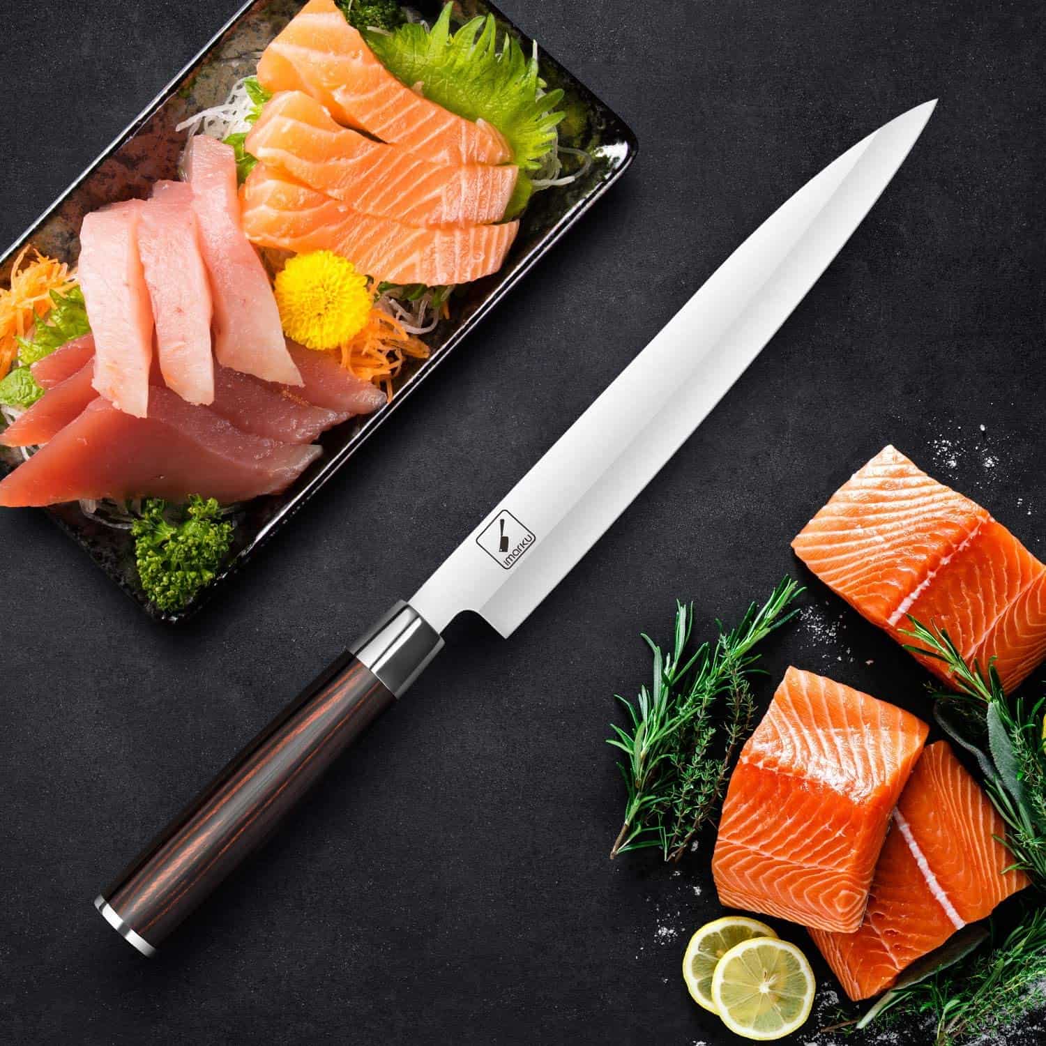 El mejor cuchillo yanagiba en general: cuchillo de sushi profesional de un solo bisel Imarku en la mesa