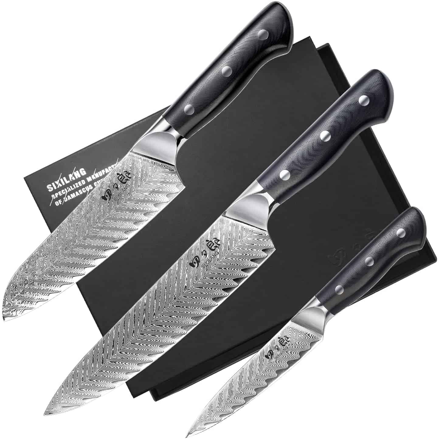 El mejor juego de cuchillos de acero japonés AUS 10 económico: SIXILANG Damascus tres cuchillos de cocina