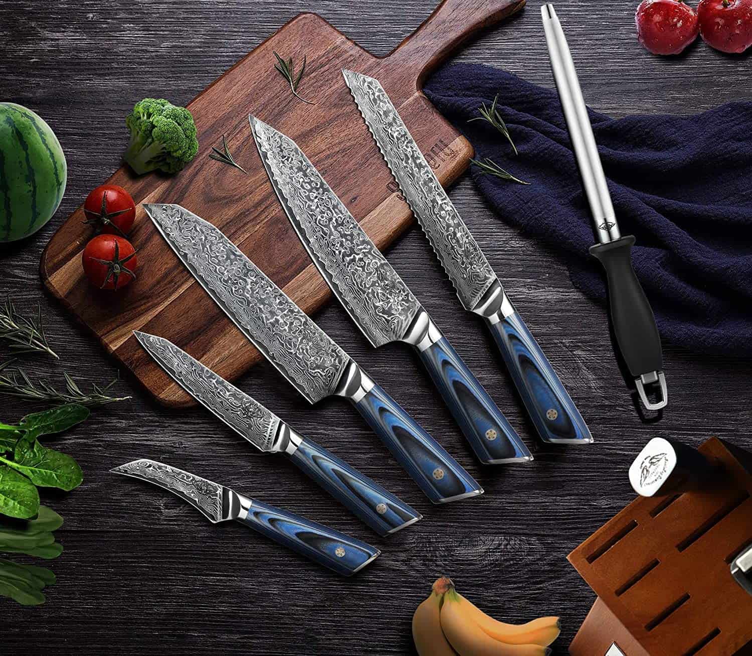 El mejor juego completo de cuchillos de acero japonés AUS 10: Best Buy Damascus High Carbon Core Full Tang con tabla de cortar