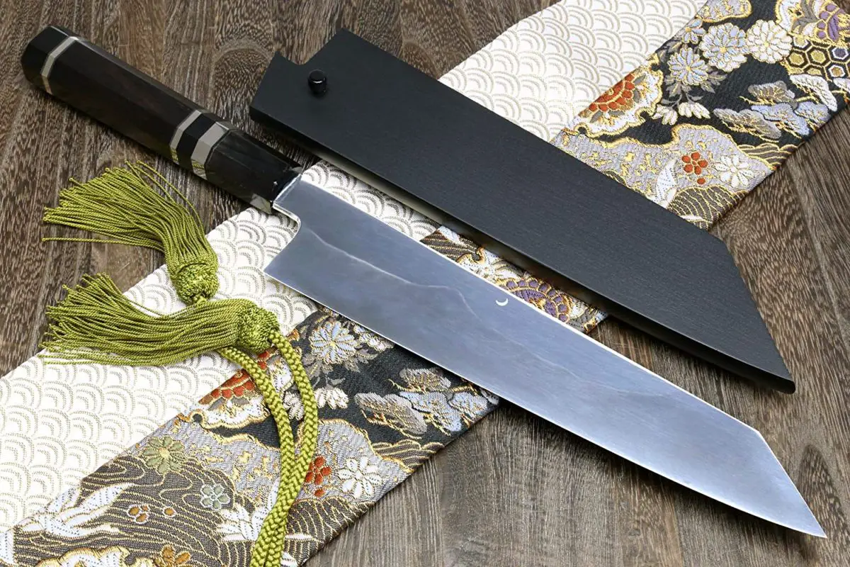 Best Honyaki Kiritsuke knife- Yoshihiro Mizu Yaki Kiritsuke knife on table