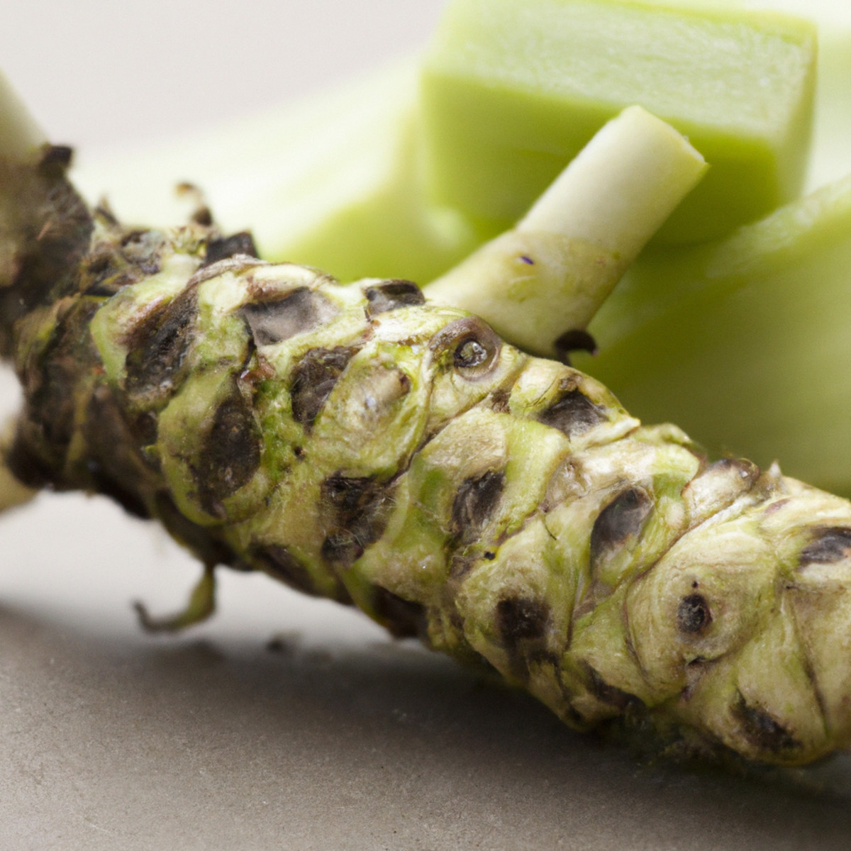 Wasabi root with cut wasabi root cubes