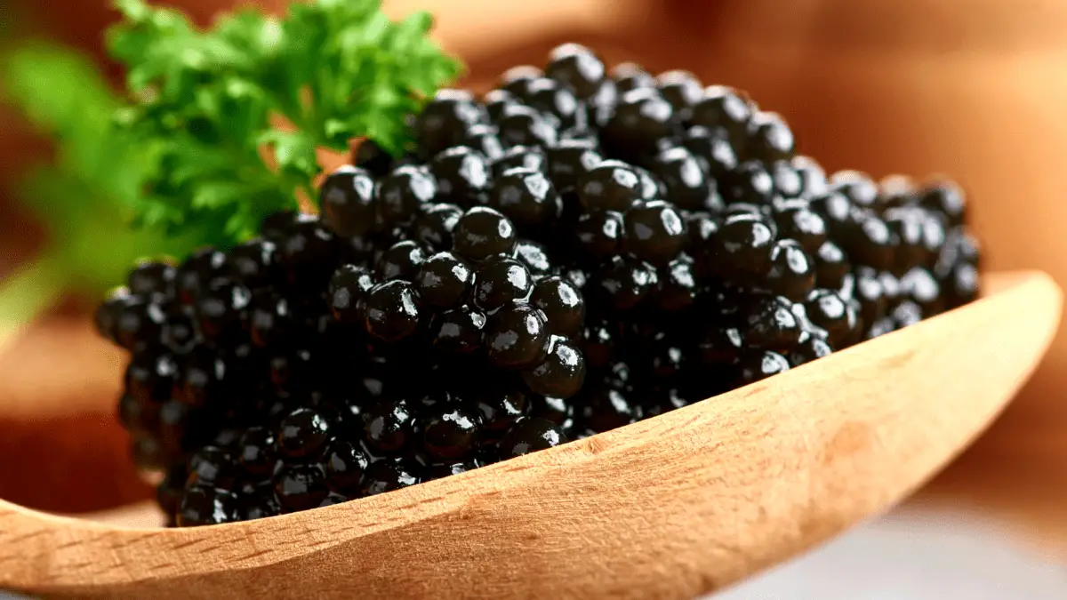 paddlefish caviar in a wooden spoon