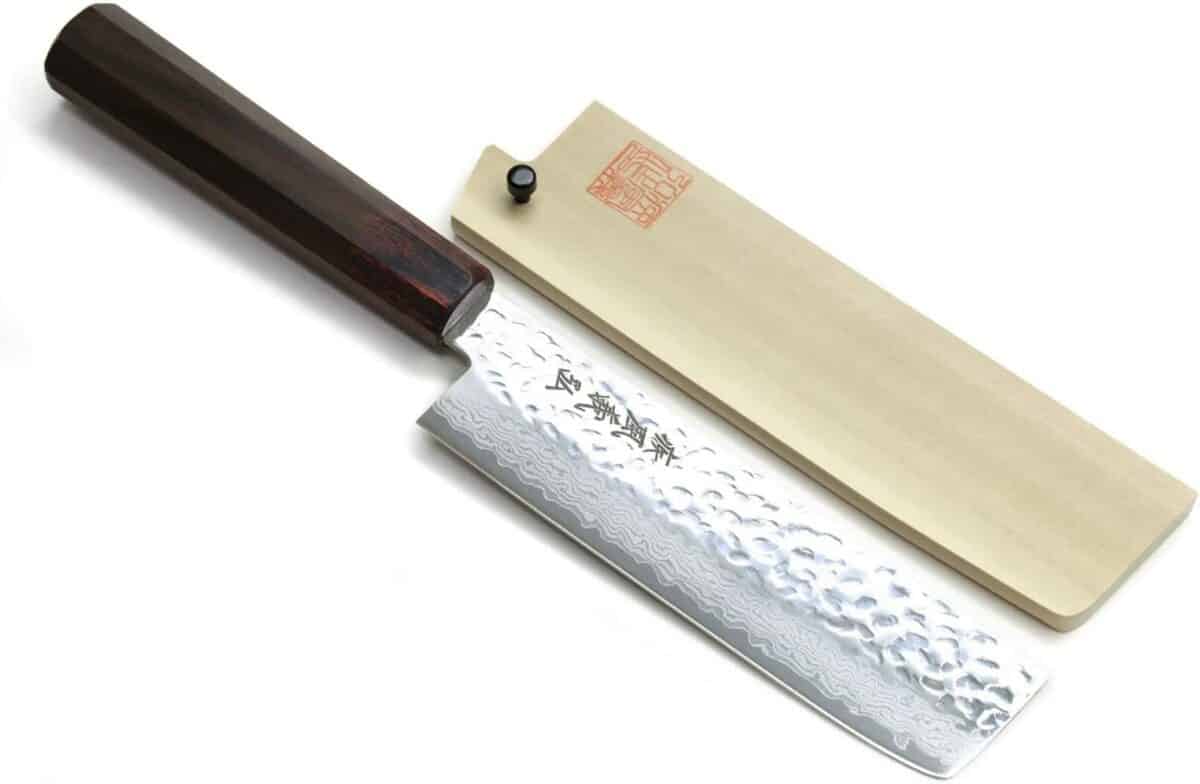 Yoshihiro NSW 46 層錘擊大馬士革 Usuba 蔬菜廚師刀 6.3 英寸（160 毫米）石檀玫瑰木手柄帶 Saya 蓋
